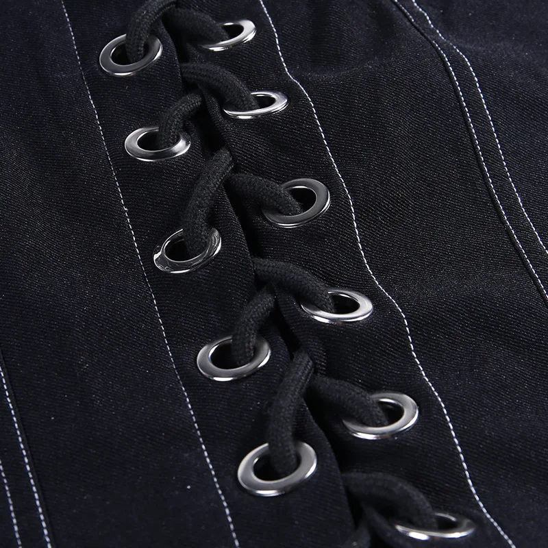 

Denim Square Neck Sleeveless Sexy Black Bandage Top Women Cropped Tank Perforated Lace-up Streetwear Fashion Summer Corset Tops