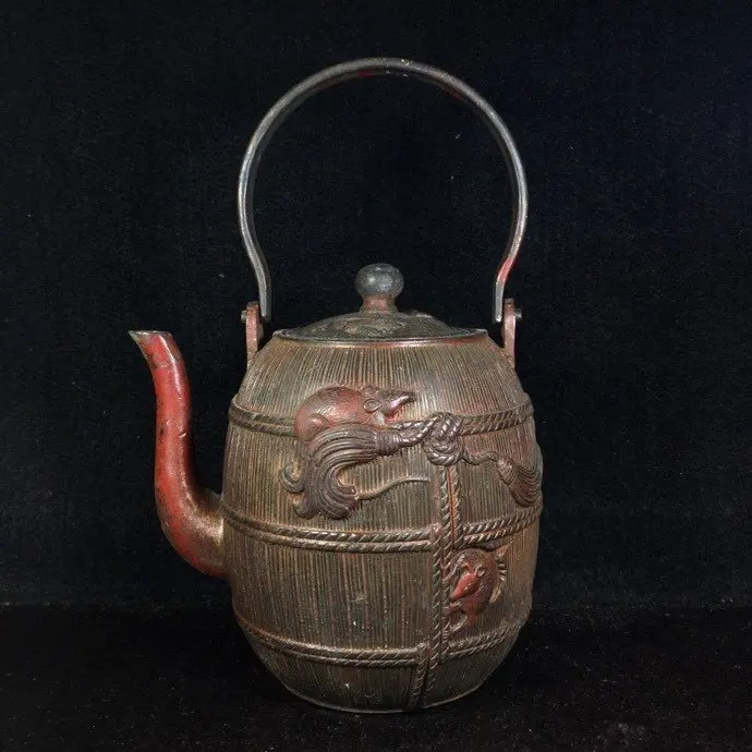

Home Decor 6" Tibet Buddhism Temple Old bronze Cinnabars Zodiac rat statue hip flask teapot kettle
