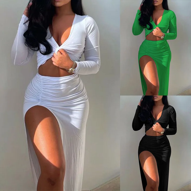 

2Pcs Women Summer Outfit, Solid Color V-Neck Long Sleeves Crop Tops + Slit Skirt for Girls, White/Black/Green