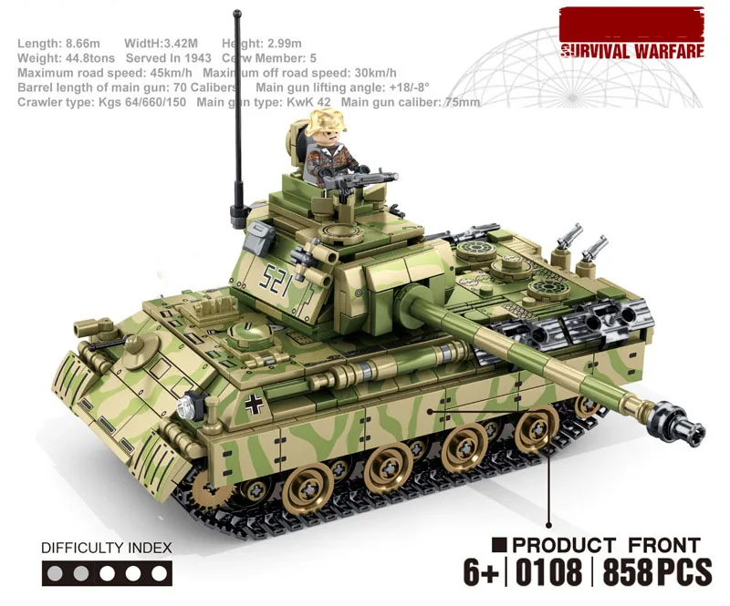 World war Panzerkampfwagen V Panther tank moc batisbricks building block ww2 army forces figures assemble model weapon brick toy | Игрушки и