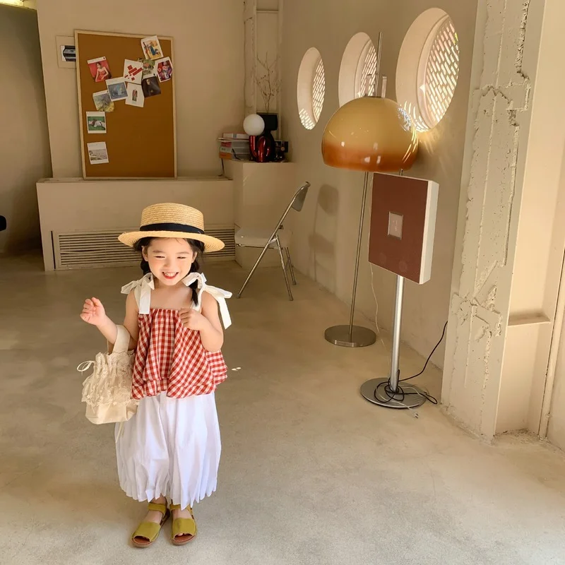 

2021 New Baby Girls Sleeveless Bow Tie Shoulder Sling Two-layer Cotton Tops Toddler Children Plaid Fashion Summer Clothes