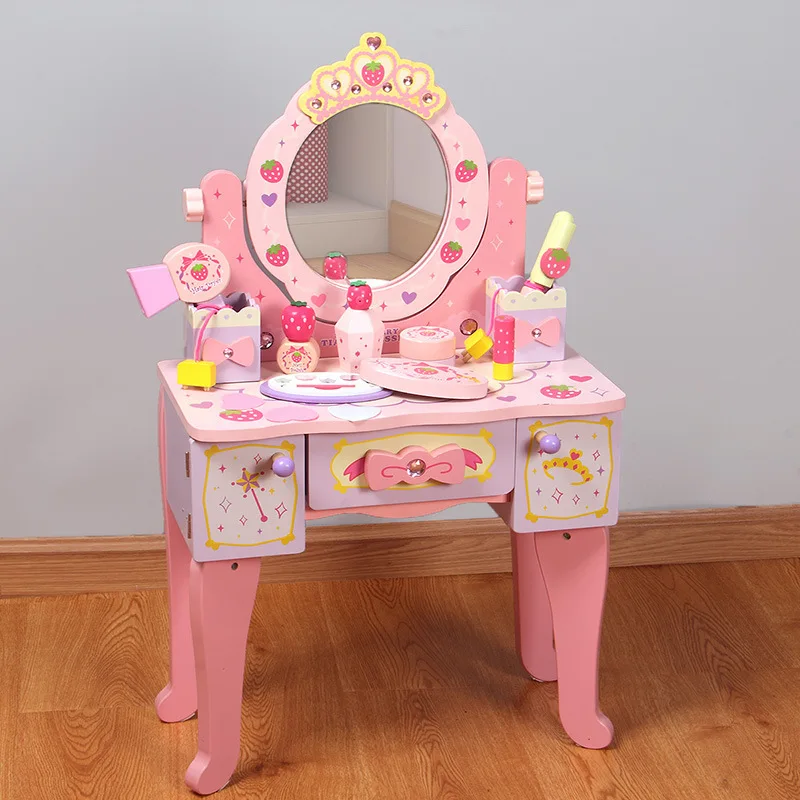 Wooden Dresser Table with Chair Set for Girls, Pink Bedroom Makeup Table and Toys for Kids image 2