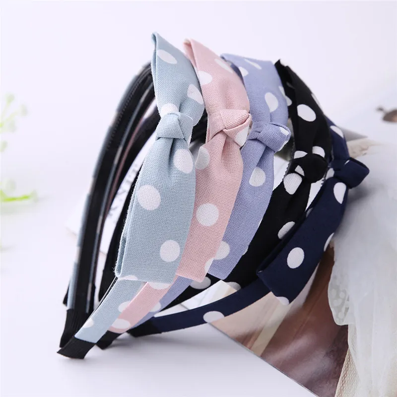 Женская повязка на голову с бантом в белый горошек эластичная синяя джинсовая