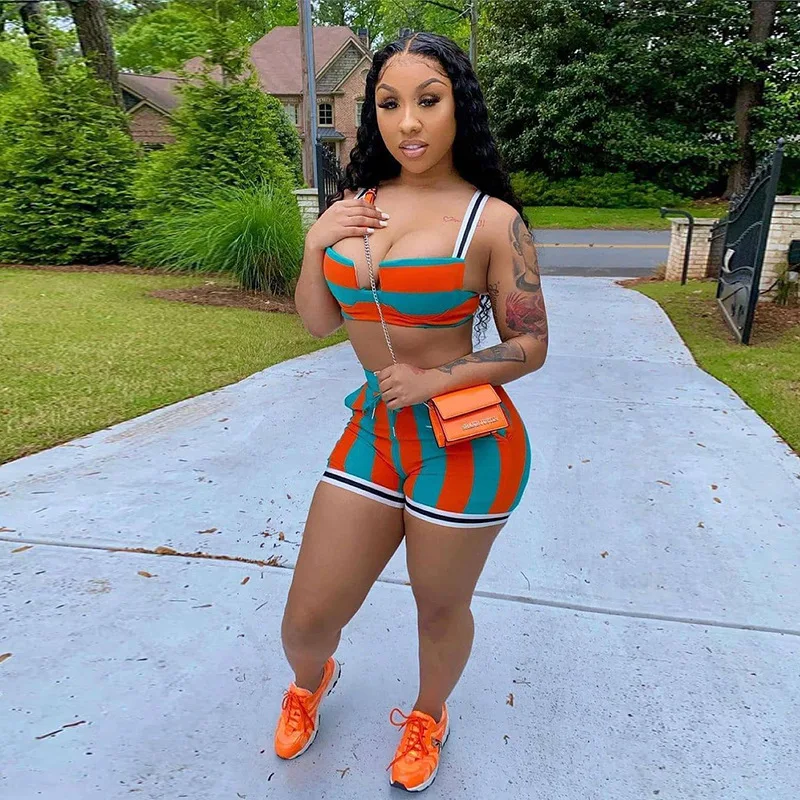 

Women Sportswear Striped Panelled Two Piece Sets Slash Neck Patchwork Top+Hipster Shorts Matching Set Athleisure Outfits
