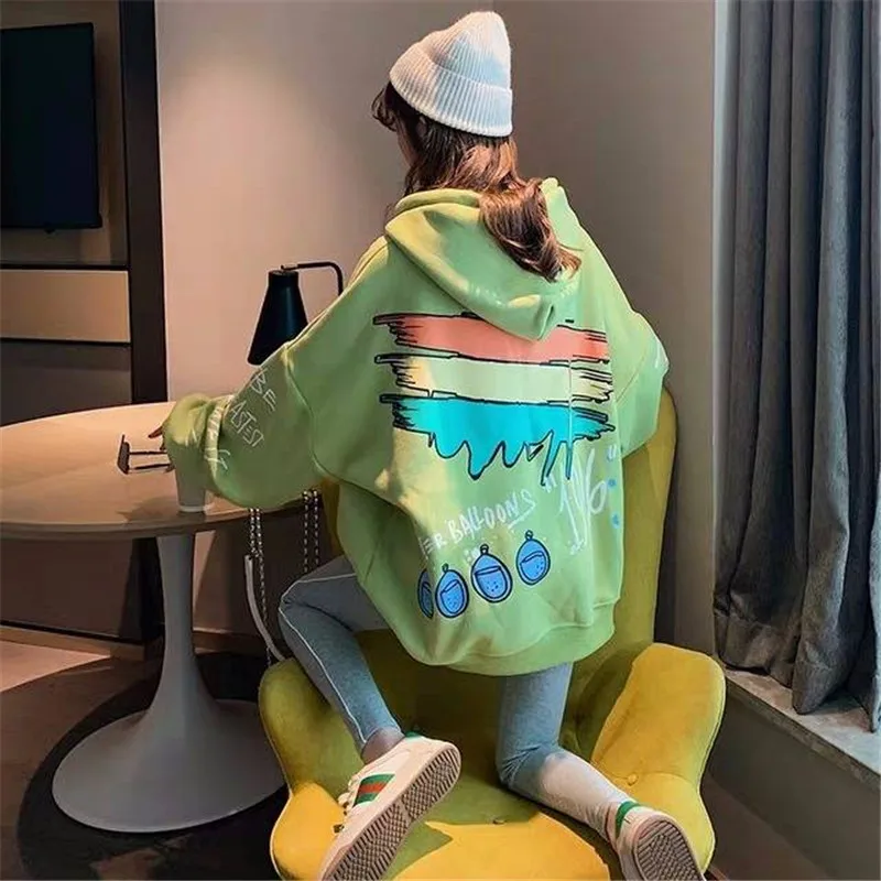 

Harajuku Hoodie Streetwear Kwaii Oversized Tops Girls 2021 White Women Loose Sweatshirts Autumn Long Sleeve Cute Cartoon Print