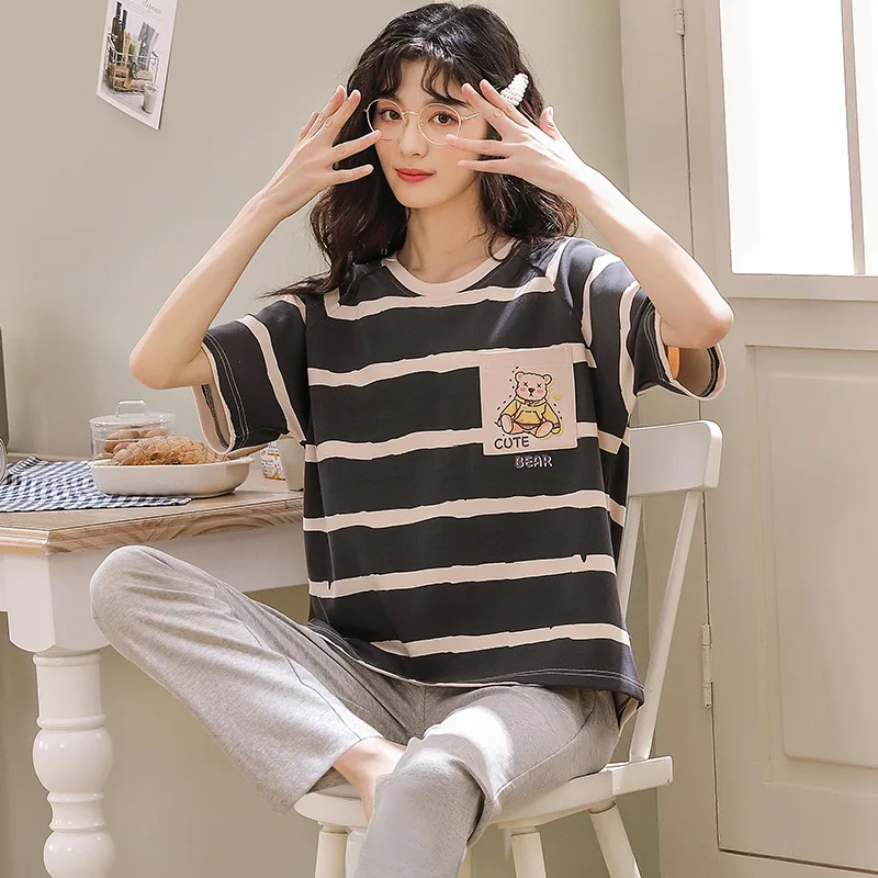 Pajamas Pure Cotton Women's Summer Nightwear Short Sleeve Trousers Simple Leisure Loose Large Size Household Clothes Sleepwear