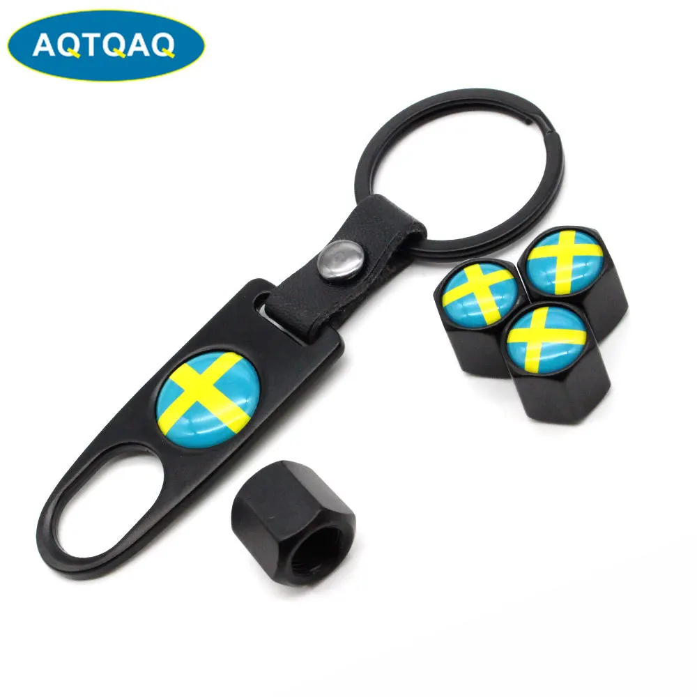 

5Pcs/Set Sweden Flag Style Anti-theft Car Wheel Air Tire Valves Tire Leather buckle Valve Caps Stem with Wrench Ring Spanner New