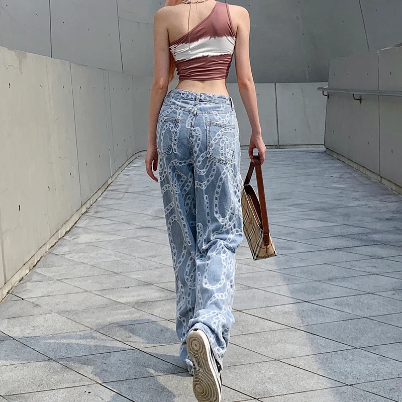 

Darlingaga Streetwear Chain Jacquard Hole Female Jeans Punk Ripped Baggy Pants Casual High Waist Jeans Retro Denim Trousers New
