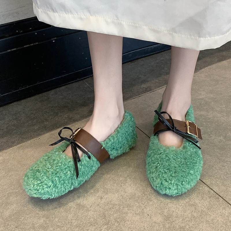 

2019 Solid Color Warm Plush Flat Shoes Woman Flats Comfortable Ladies Shoes Plus Size Bow Knot Buckle Women Flats Shoes Loafers