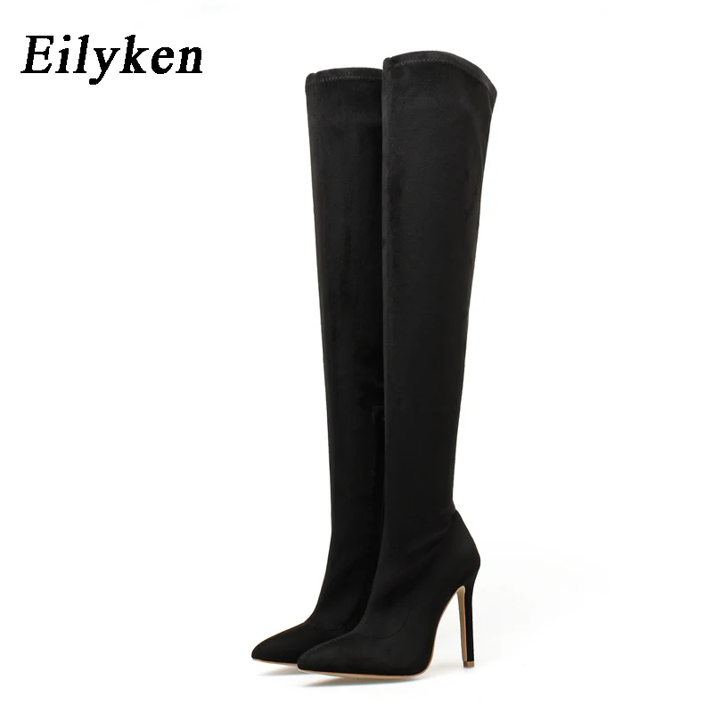Flock Black Eilyken/модные зимние женские сапоги выше колена пикантные женские сапоги из искусственной кожи на высоком каблуке с острым носком на молнии для ночного клуба размер 42 - Цвет: Flock Black