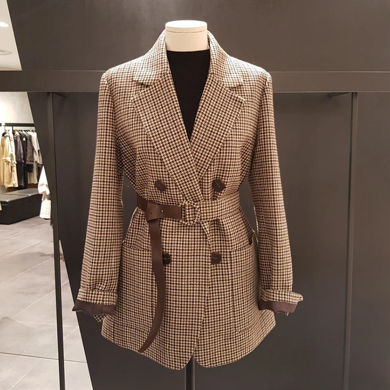 autumn winter vintage plaid woolen blazer women double breasted straight belted suit jacket