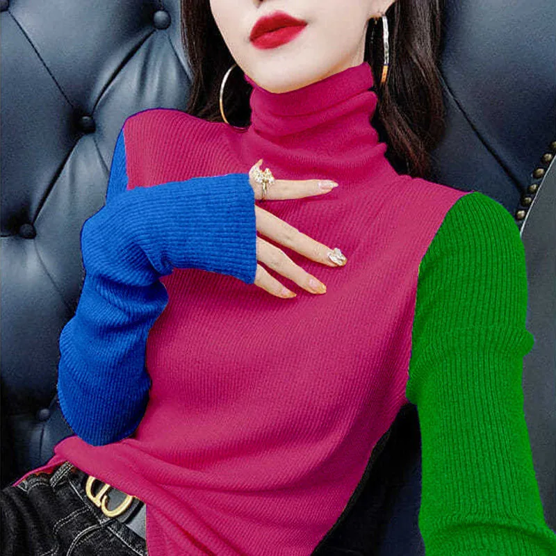 

Women Kintted Bottoming Sweater Contrast Color Pullover Sweater Woman Long Sleeve High Collar Jumper High Street Women Clothing