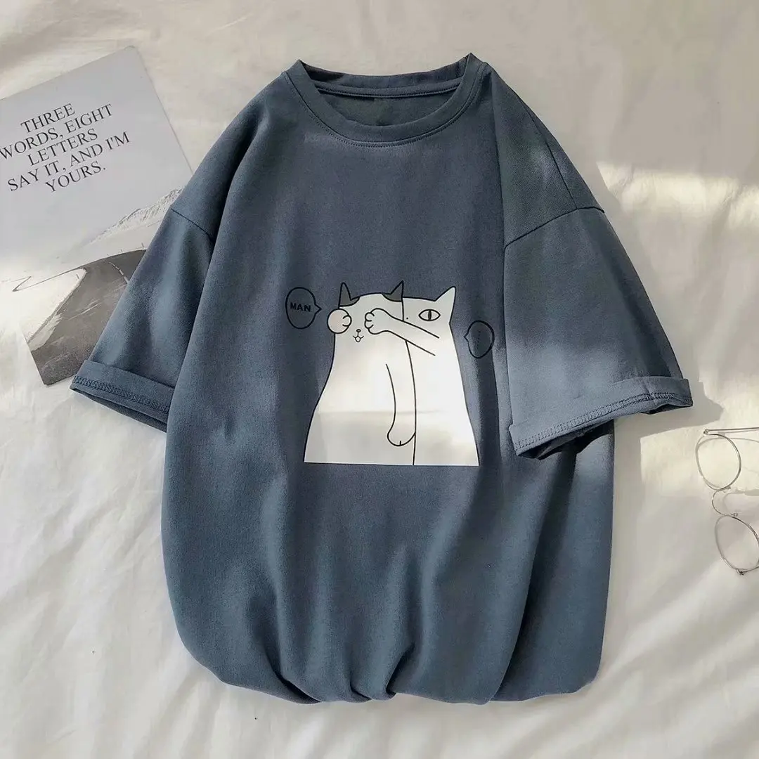 Летняя одежда 2021 свободная футболка с коротким рукавом и принтом кота - купить по