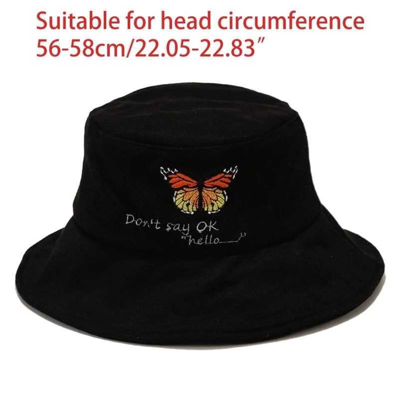 

Women Men Autumn Korean Butterfly Letters Embroidery Bucket Hat Harajuku Wide Brim Sunscreen Foldable Adjustable Fisherman Cap