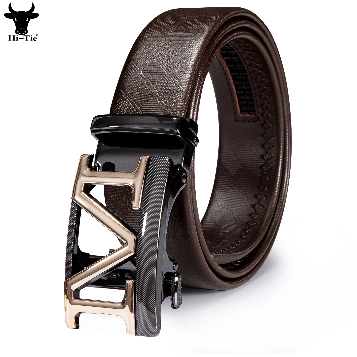 Designer M Letter Automatic Buckles Mens Belts Brown Cowhide Leather Ratchet Waistband Belt for Men Dress Jeans Casual Formal XL