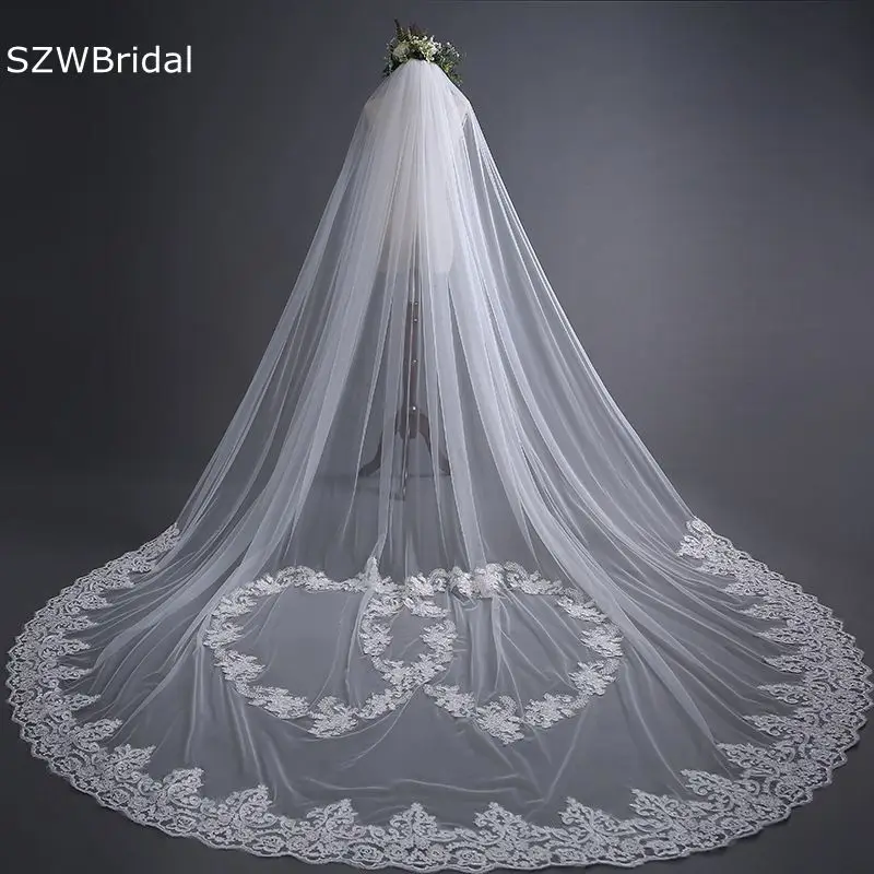 

New Arrival Ivory Cathedral Wedding Veils Long Lace Appliques 3 Meter Welon katedralny Cheap Bridal Veil Matrimonio