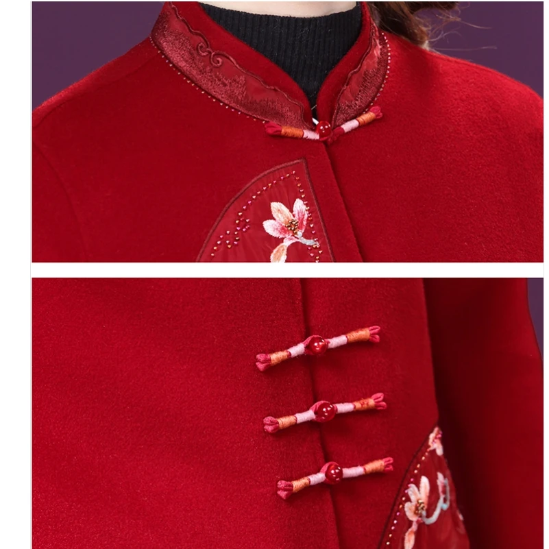 Осень-зима 2021 женское длинное красное шерстяное пальто с вышивкой женская