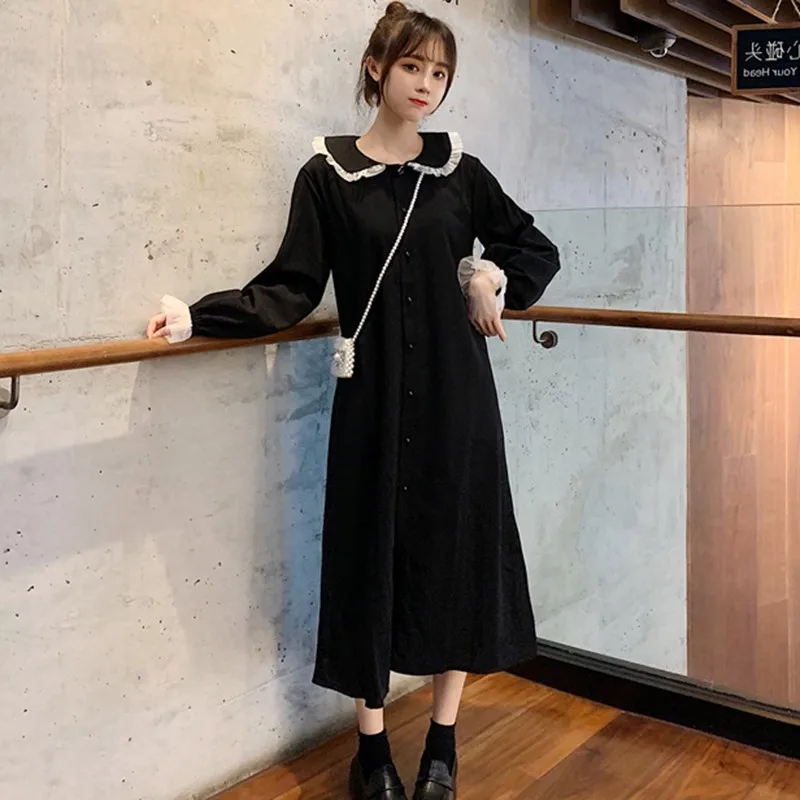 Модное женское платье в Корейском стиле Осень зима 2020 черное с оборками и