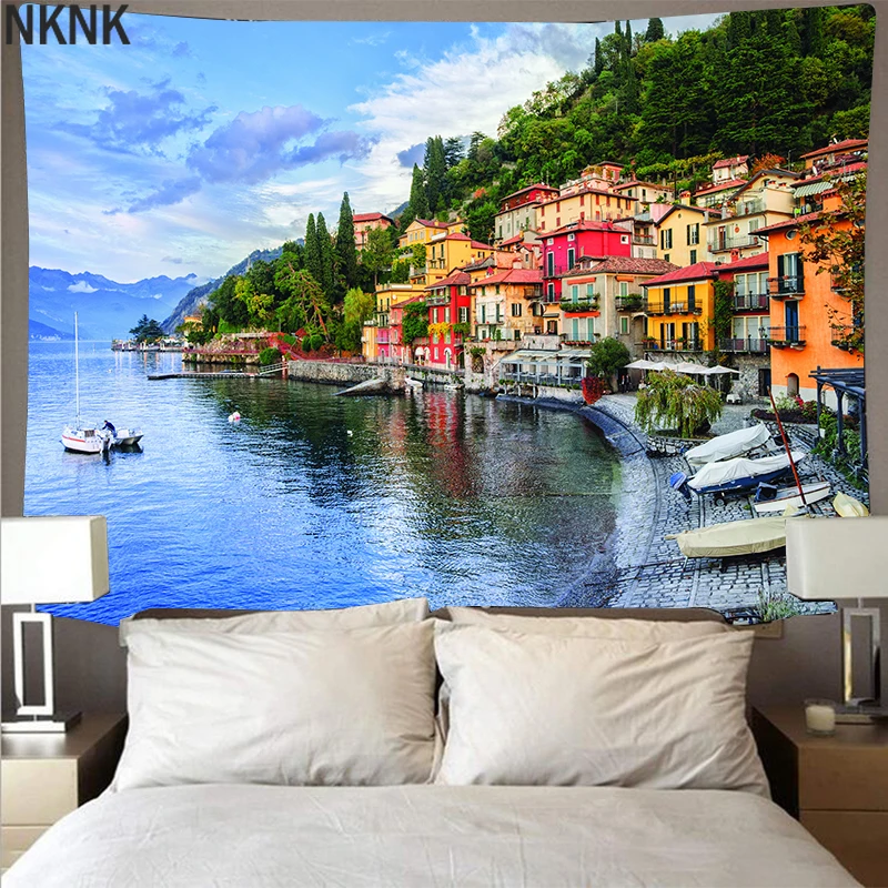 

Mountain forest lake landscape tapestry printed wall covering psychedelic wall hanging beach towel polyester thin blanket yoga