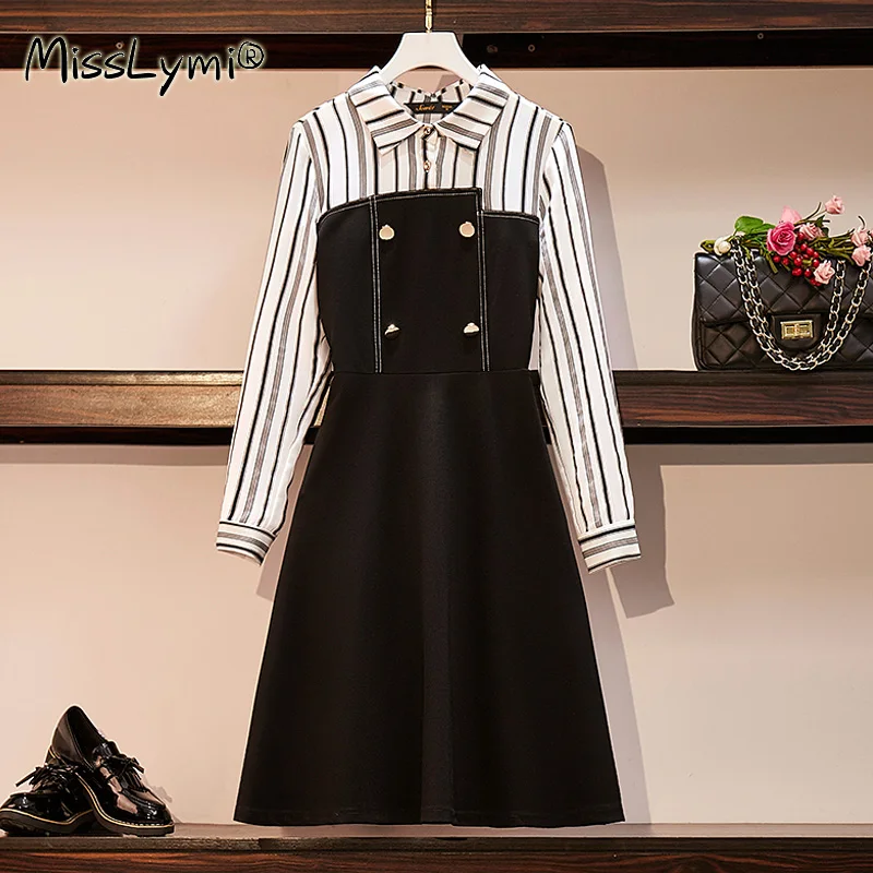 Женское элегантное платье в полоску осень 2020 модное черное ТРАПЕЦИЕВИДНОЕ
