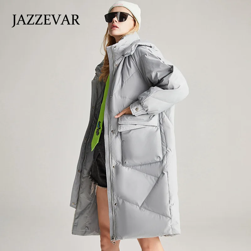 JAZZEVAR Medium and Long Down Jacket Female White Duck Hooded Thickened Warm Loose High-end Coats