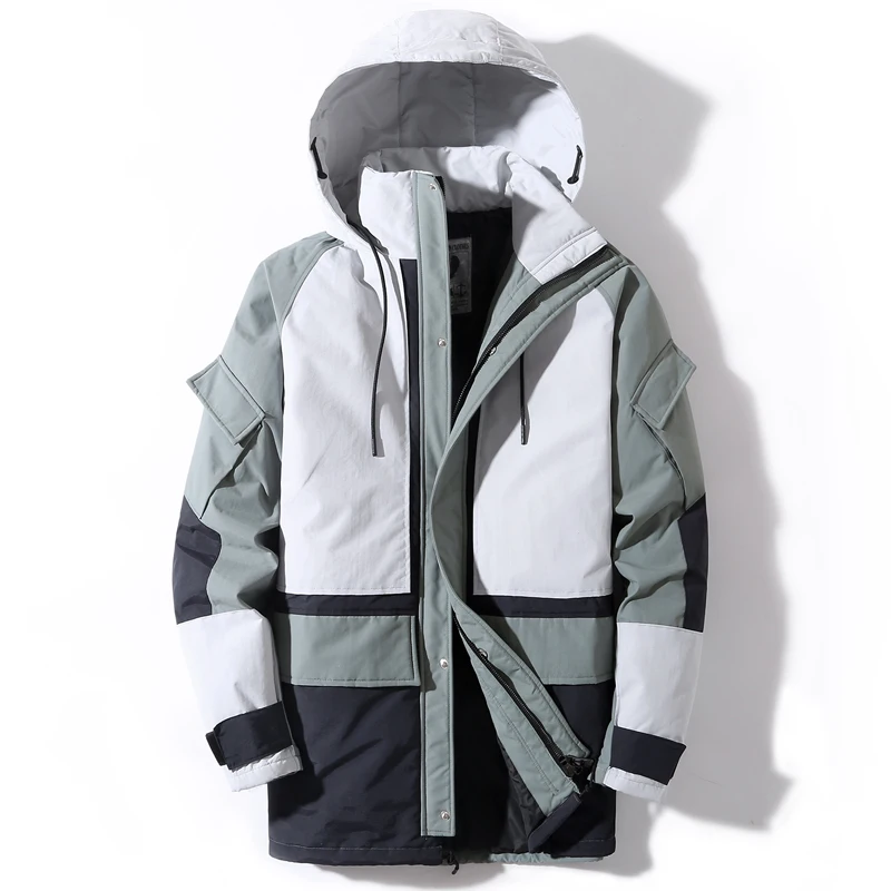 

Мужской длинный пуховик с капюшоном, зеленая ветрозащитная парка на белом утином пуху, зима 2019