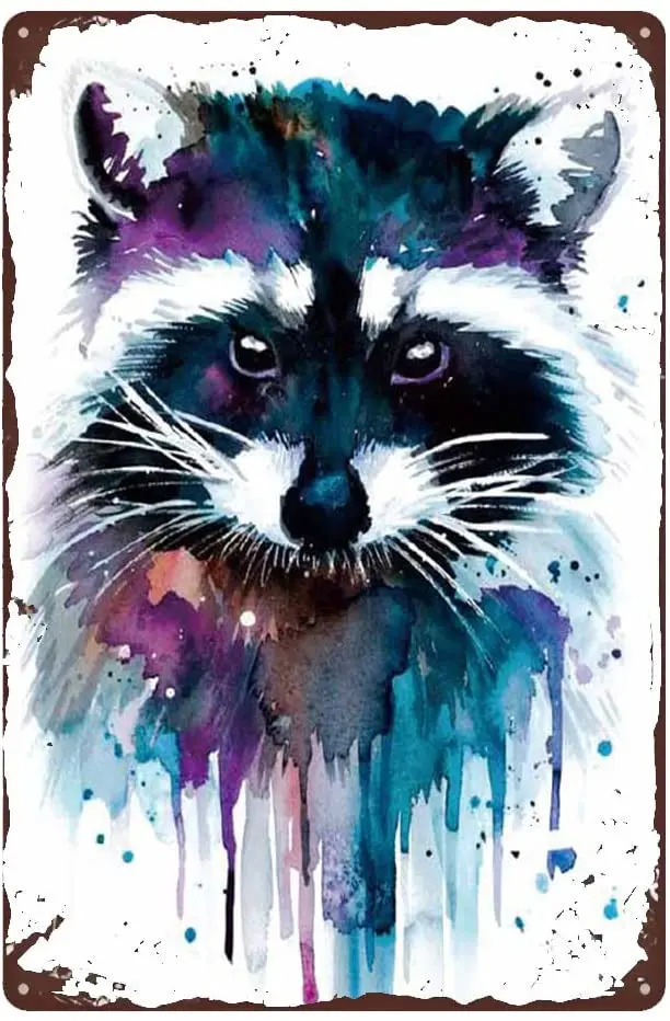 

Vintage Raccoon Tin Sign Raccoon Watercolor Novelty Metal Sign Wall Decor 12 x 8 Inch