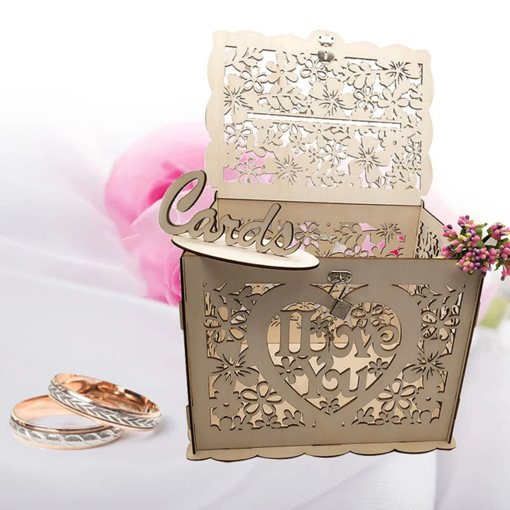

1PC Wedding Party Box Hollow-out Letter Case Wooden Carved Check-in Box Rustic Storage Container for Banquet Home