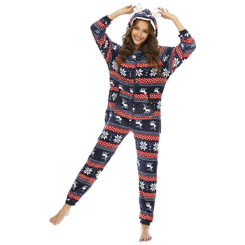 Women&amp#39s pantsuit Christmas Pajamas Ladies Flannel Hooded One-piece Sleepwear Homewear Female Wedding Pajama Home suit |