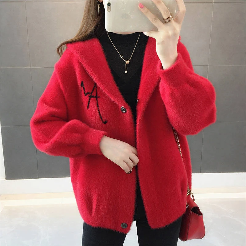 Women Mink Fur Jacket Autumn Winter Women Coat Loose Embroidered Thick Velvet Hooded Sweater Female Cardigan