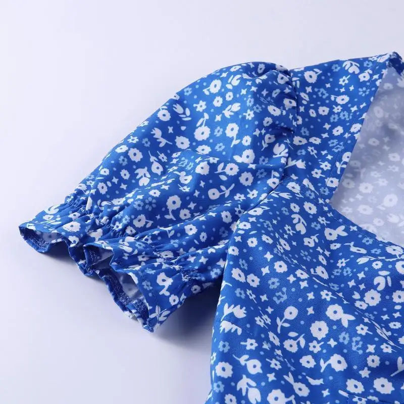 

Short Sleeve Dresses for Women Floral Printing Slit Office Lady Korean Dress Puff Sleeves Low Cut Fashion Summer Beach Dress