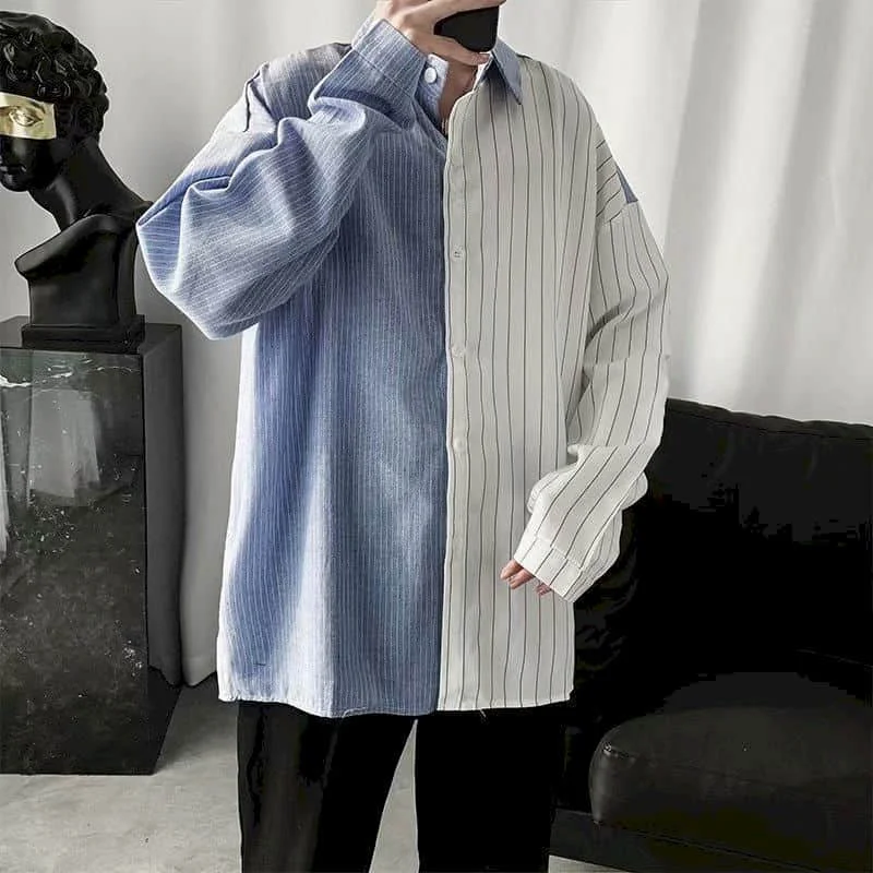 

Striped shirt men's long-sleeved loose color matching shirt Japanese vertical pattern top personalized bottoming shirt handsome