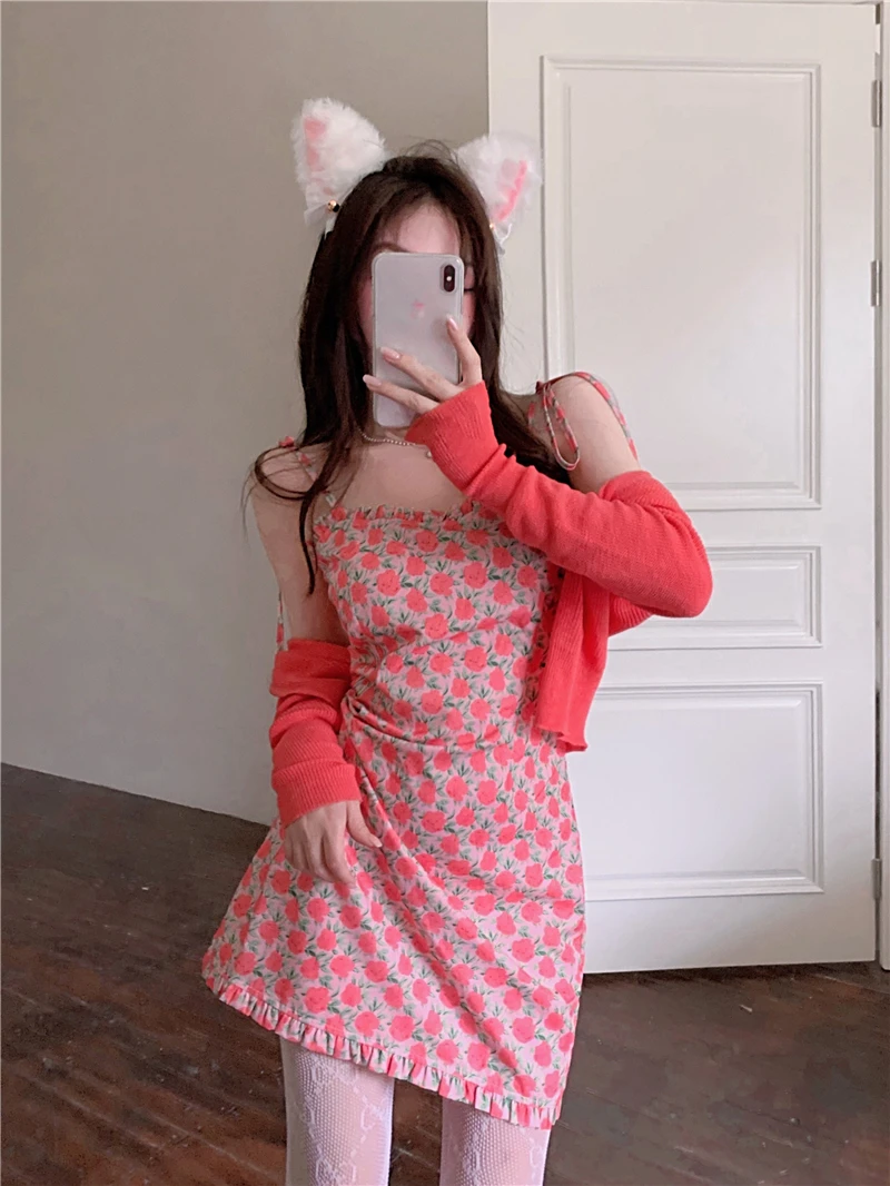 Vestido corto femenino de gasa para verano, minivestido sexy con bandolera de flores