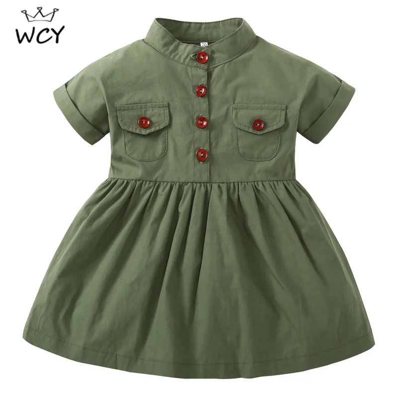 Армейское зеленое платье с короткими рукавами для маленьких девочек пуговицы в