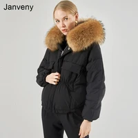 janveny large real raccoon fur hooded 2021 down jacket women winter 90 duck down puffer coat loose short female feather parkas