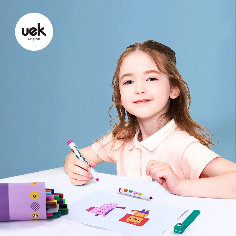 

UEK Watercolor Crayon Pens Washable Art Markers Conical Tip Broad Line Markers For Kid Children 12 24 36 Colors Cartoon Gift Box