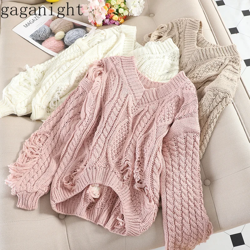 Gaganight Hole Autumn Winter Women Sweaters Long Sleeves V Neck Chic Fashion Pullover Solid Loose Pull Femme Korean Vintage Tops | Женская