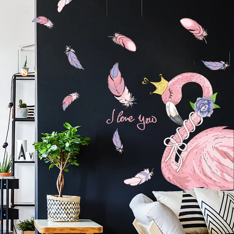

Lovely Pink Flamingo Princess Wall Stickers Bird Decals for Kids Rooms DIY Art Vinyl Girl Bedroom Home Decor