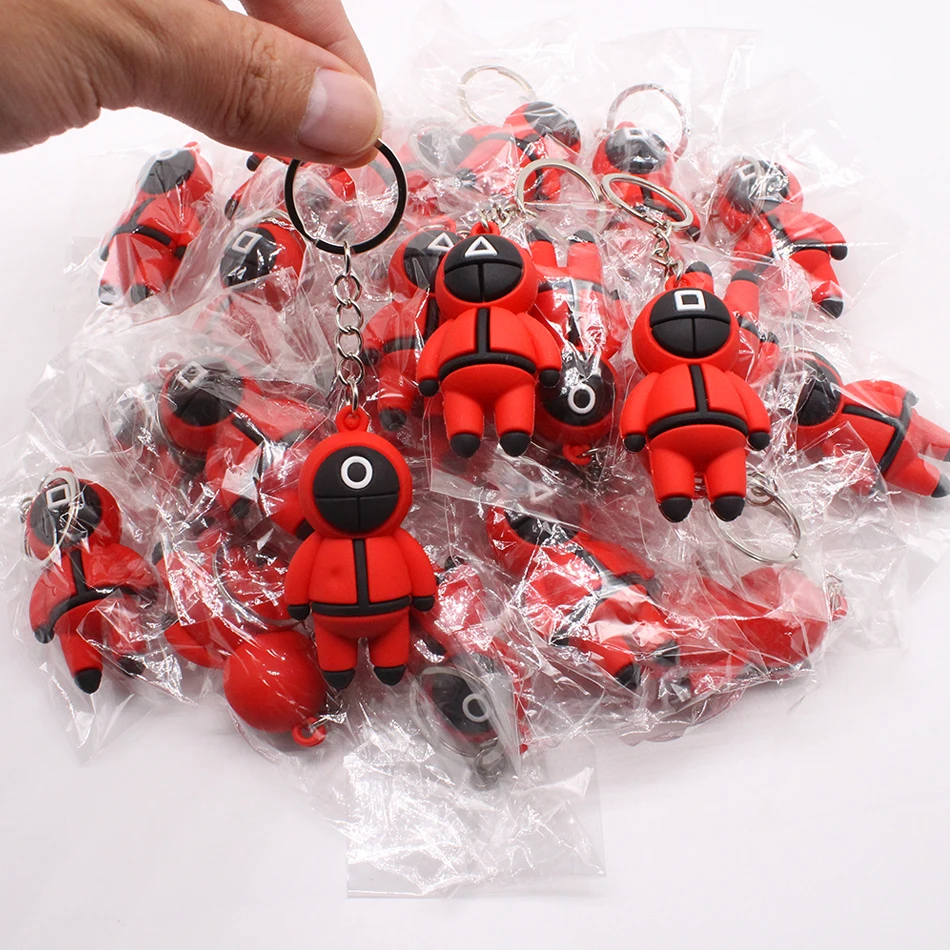 

HOT Squid Game Keychain Cosplay Soldier Figurine Key Ring Car Backpack Pendant Triangle Charms Key Chain For Kids Toy Gift