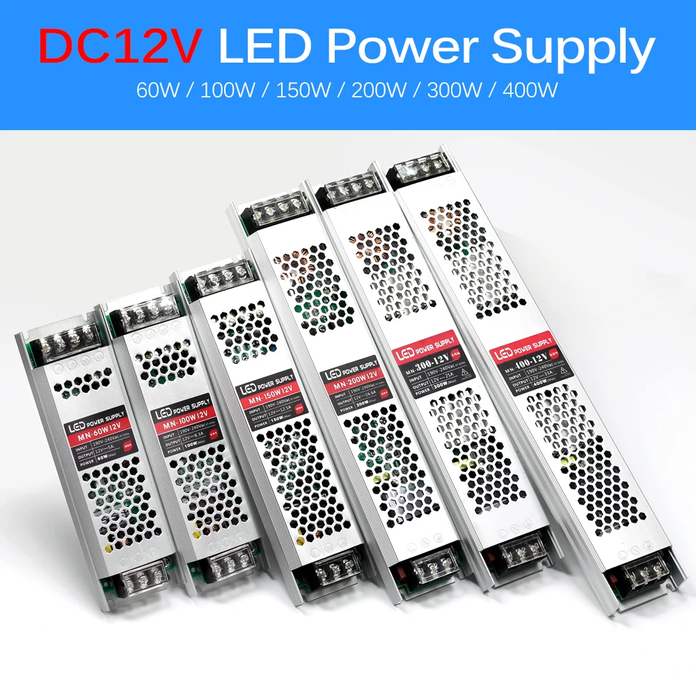Ультра тонкий импульсный источник питания DC12V 24V Трансформаторы освещения 60W 100W