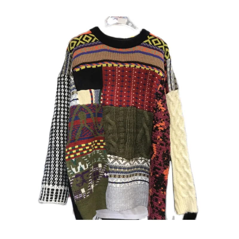 

SONDR 2020 Autumn And Winter New O Neck Loose Pullover Casual Print Patchwork Full Sweater Women