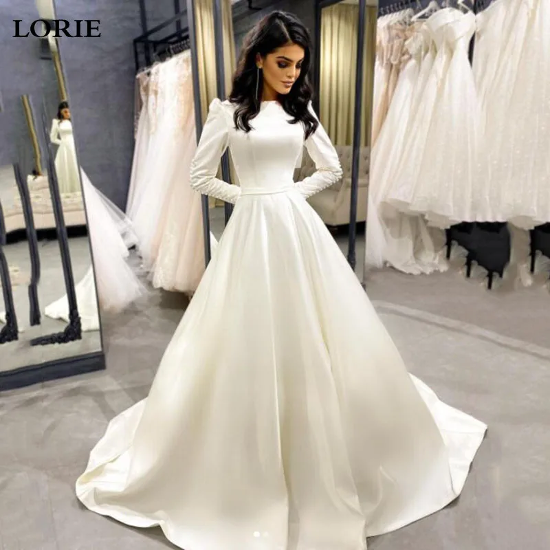 LORIE Modest Prinzessin Hochzeit Kleid Satin Langarm Elegante Muslimischen Braut Kleider Tasten Land Brautkleid Vestido de novia