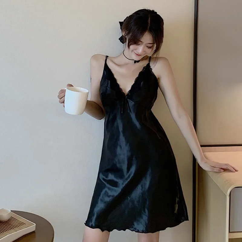 

Korean Sexy Ladies Suspender Lace Sleepwear Sweet Bow Black Night Dress For Women V-Neck Casual Summer Dress Ice Silk Pajamas