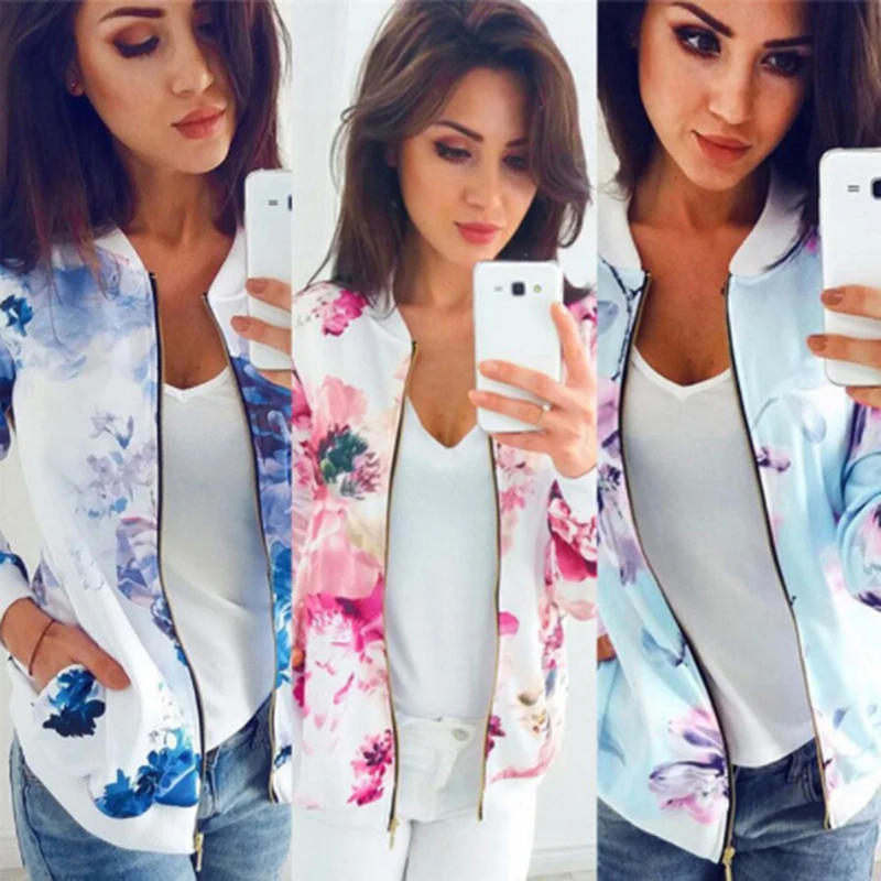 

Print Bomber Jacket Women Flowers Zipper Up Retro Coat Spring Autumn Long Sleeve Basic Plus Size Short Biker Jackets Female