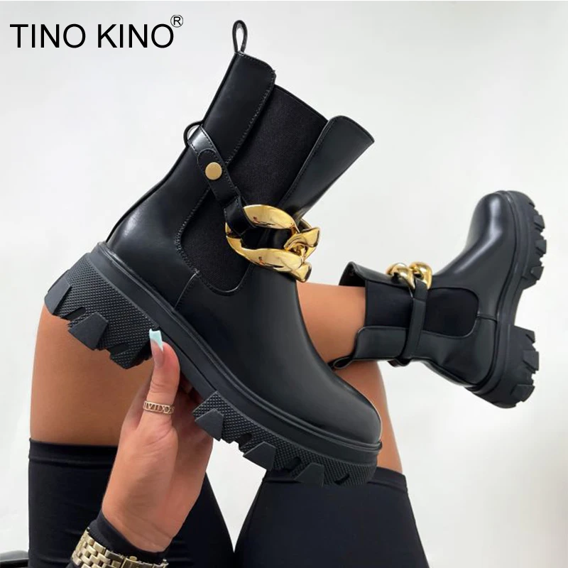 

Женские короткие ботинки на толстой платформе, Модные осенние ботильоны с металлической цепочкой, женские ботинки челси на шнуровке, 2021