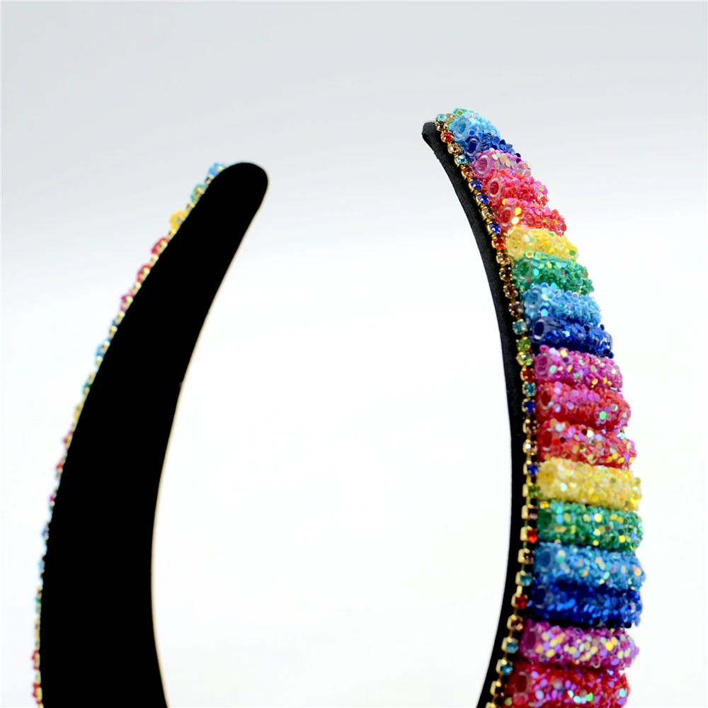 

2021 New Ins Korean European American Style Fashion Gorgeous Rainbow Headband Handmade Beaded Wide Edge Rhinestone Hairband