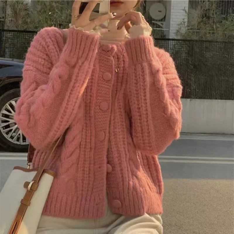 

Autumn Winter Thick Twist Pink Cardigan Sweater Korean Basic O-neck Single-breasted Student Knitted Sweater Solid Color Sweater