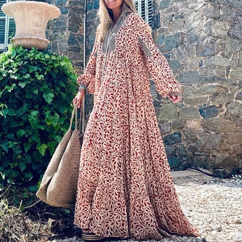 Осенне-весеннее женское богемное платье в пол свободное большого размера с