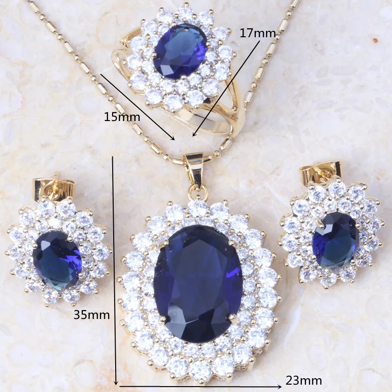 Love Monologue Classic Blue Crystal &amp Cubic Zirconia Yellow Gold Color Necklace Pendant Drop Earrings Bridal Jewelry Sets KT003 |