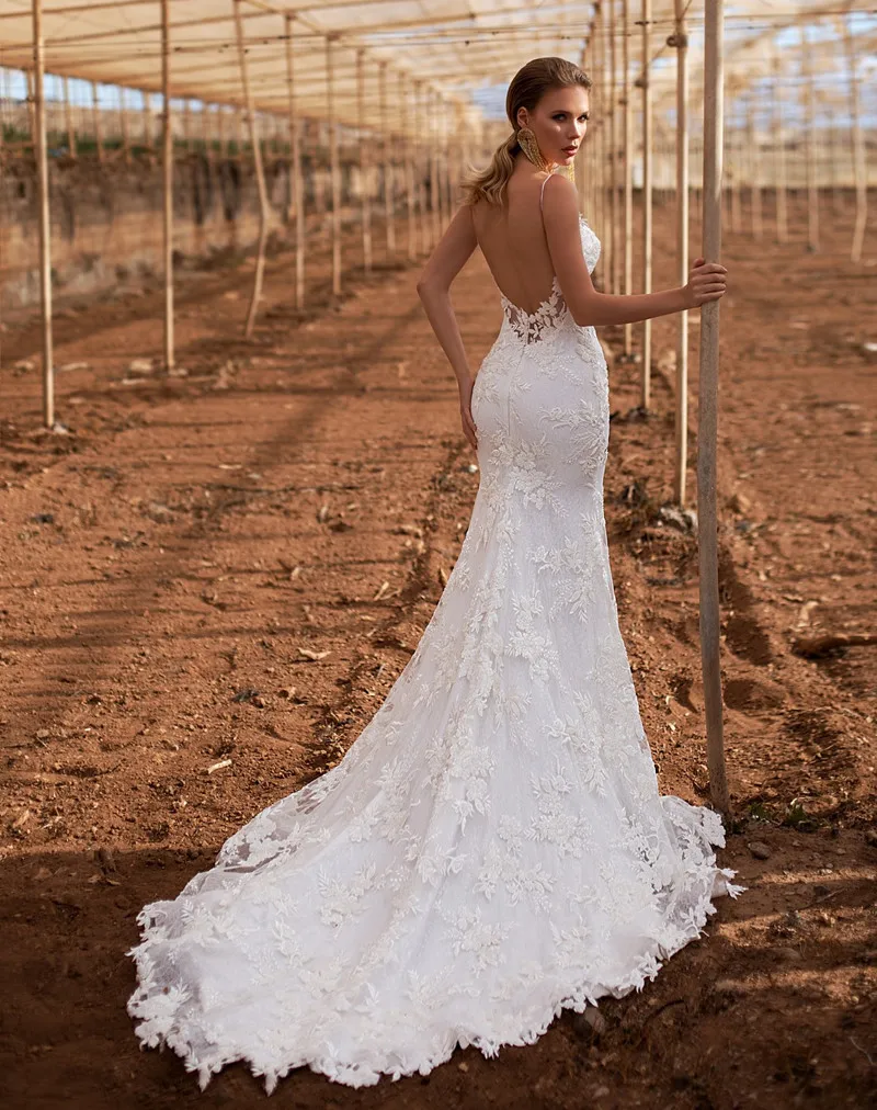 2020 богемское свадебное платье на тонких бретельках кружевное с вырезом спине